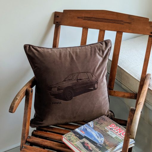 'Your Motor' cushion in the truffle colour, depicting a Peugeot